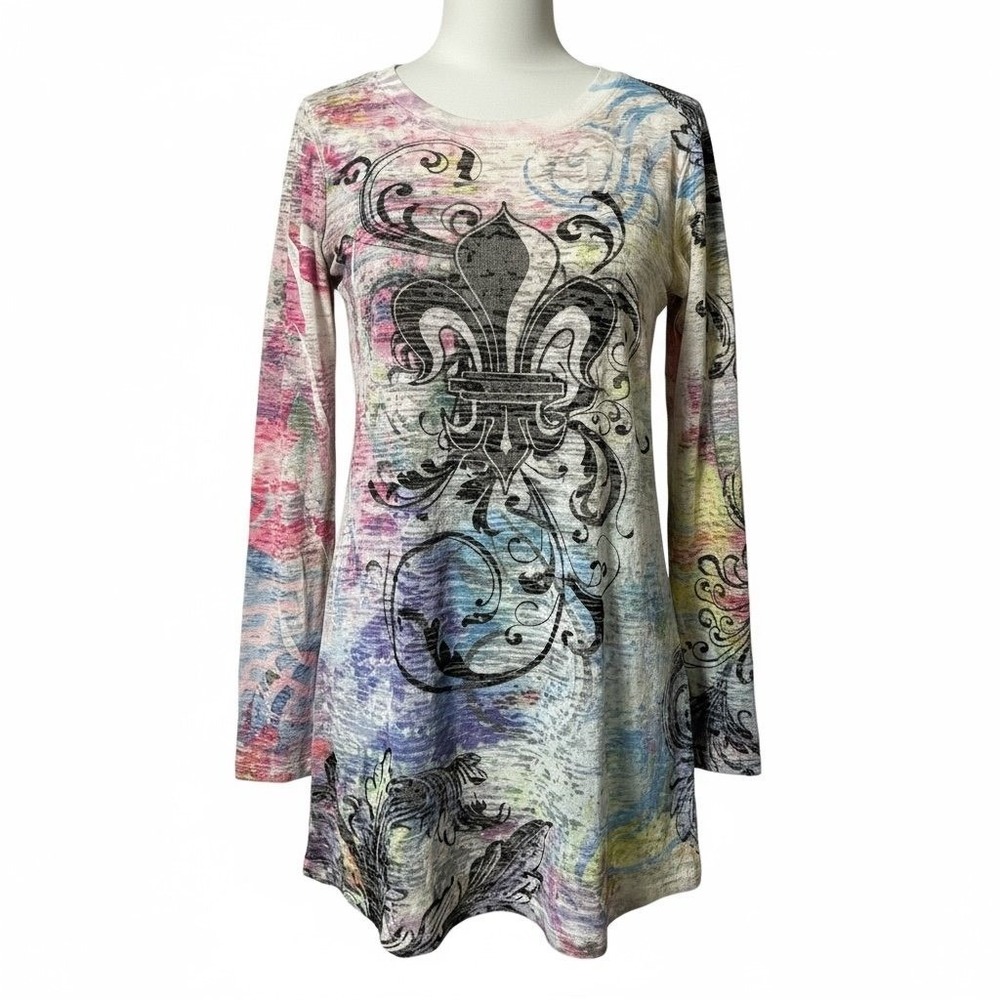 Fleur de Lis Colorful Print Long Sleeve Tunic Top Casual Comfort Small